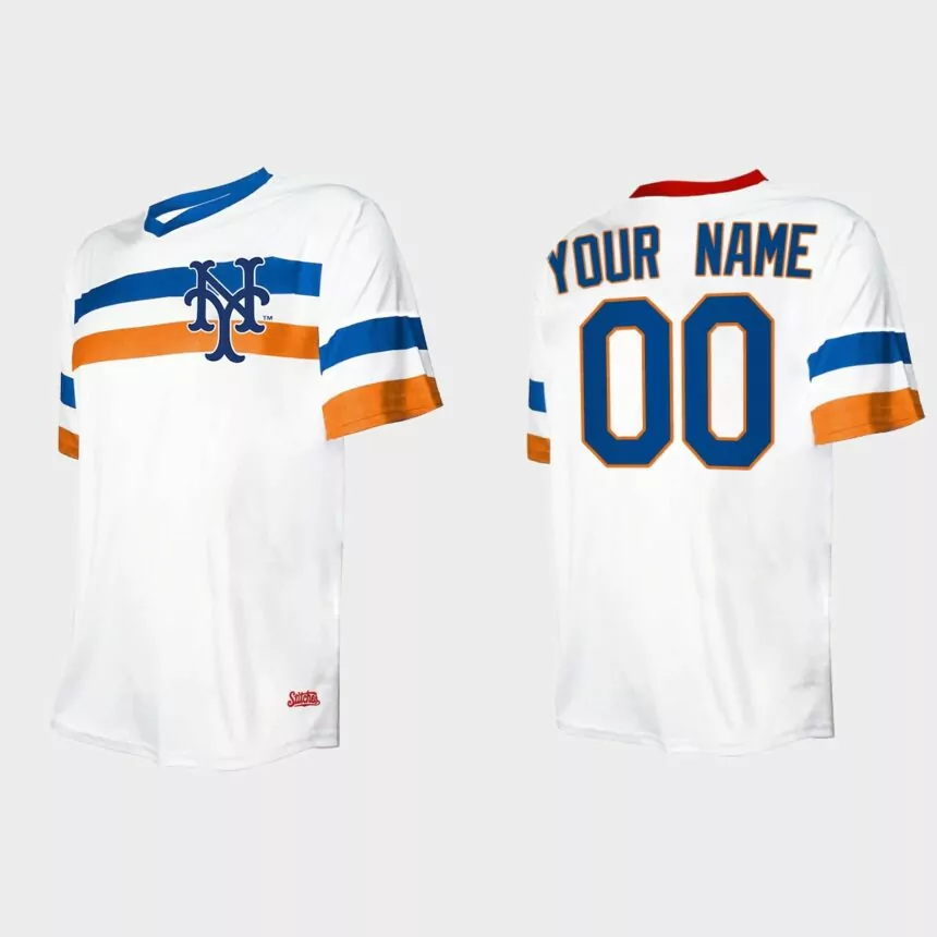 Men’s Custom New York Mets Cooperstown Collection V-Neck Jersey – White