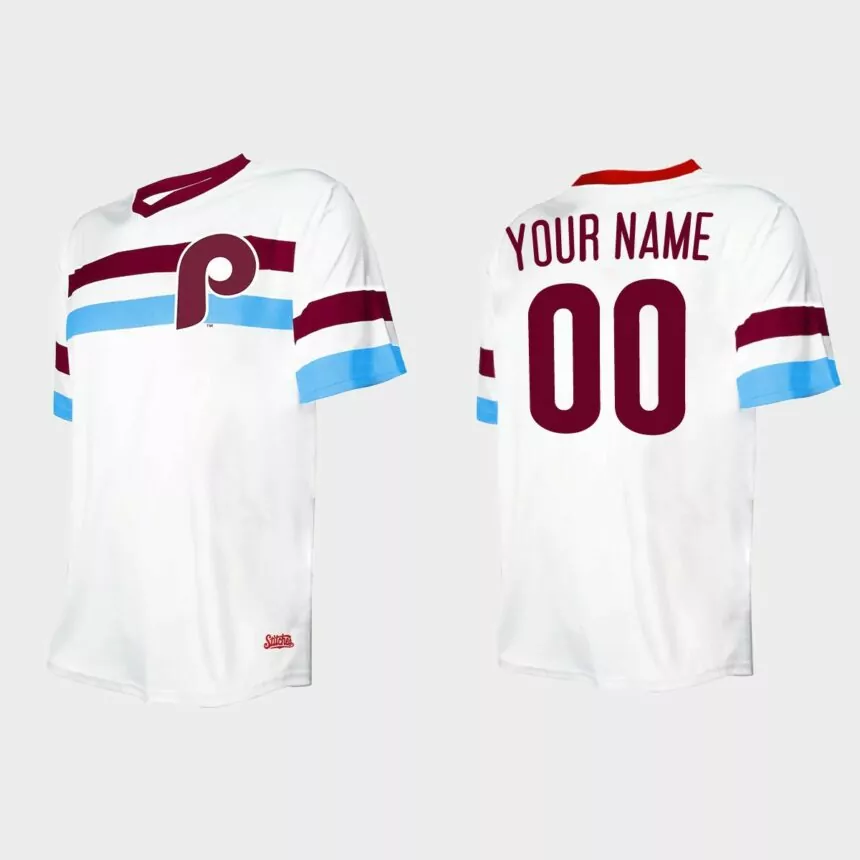 Men’s Custom Philadelphia Phillies Cooperstown Collection V-Neck Jersey – White