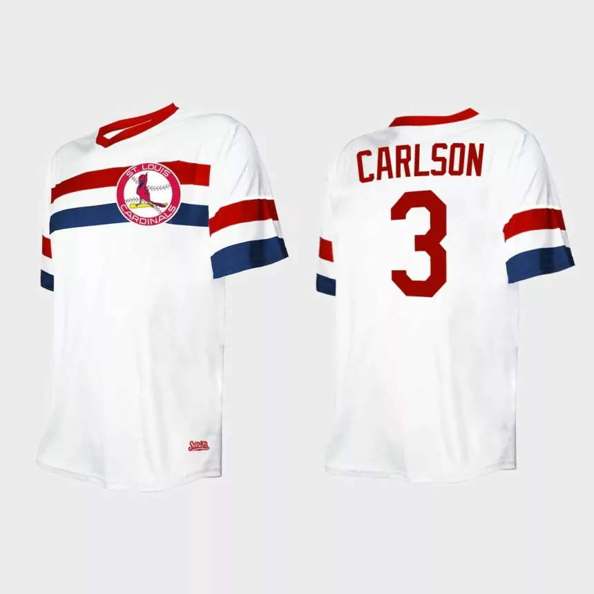 Men’s Dylan Carlson St. Louis Cardinals Cooperstown Collection V-Neck Jersey – White