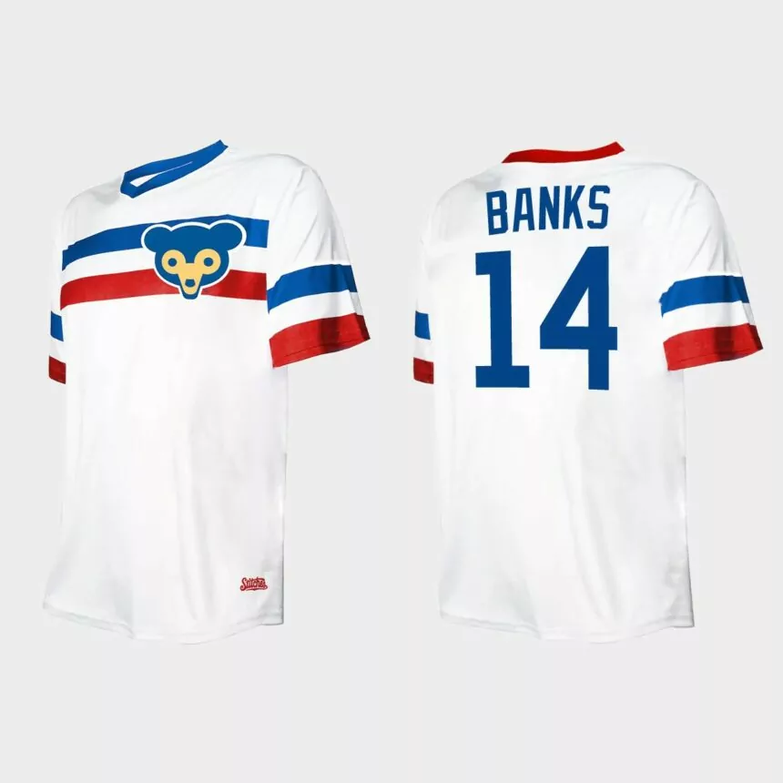 Men’s Ernie Banks Chicago Cubs Cooperstown Collection V-Neck Jersey – White