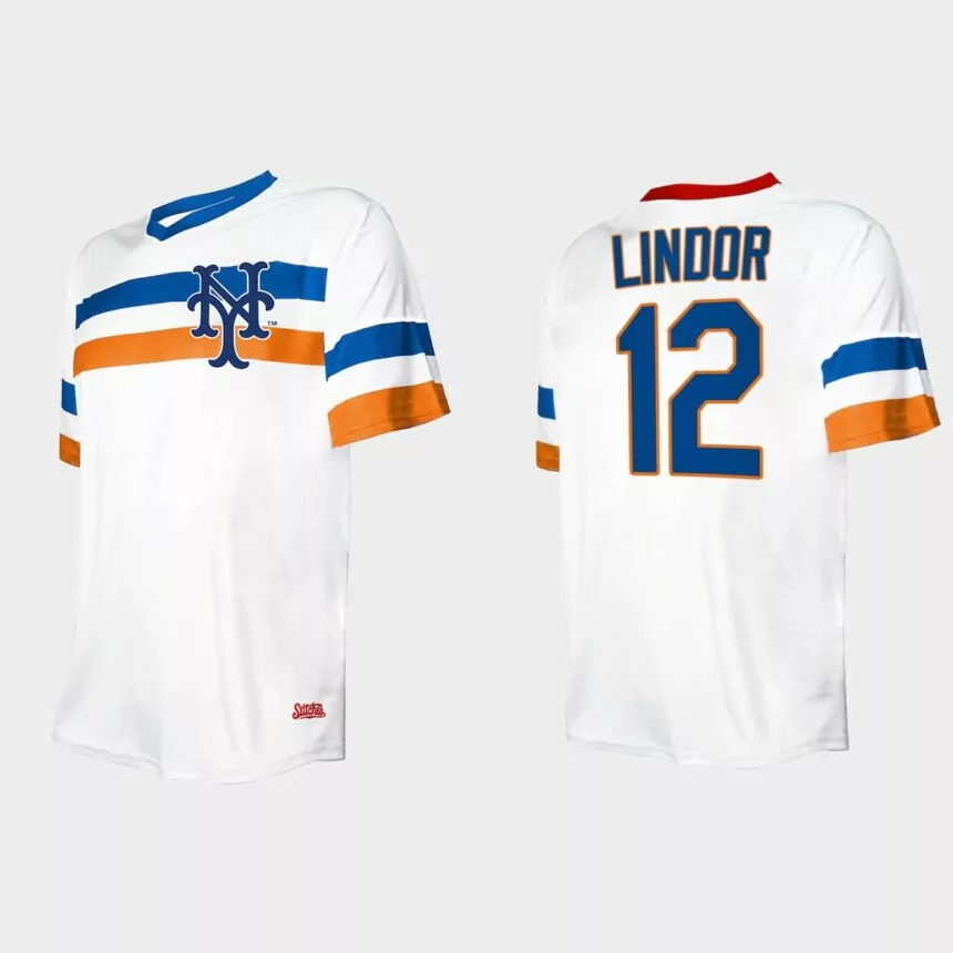 Men’s Francisco Lindor New York Mets Cooperstown Collection V-Neck Jersey – White