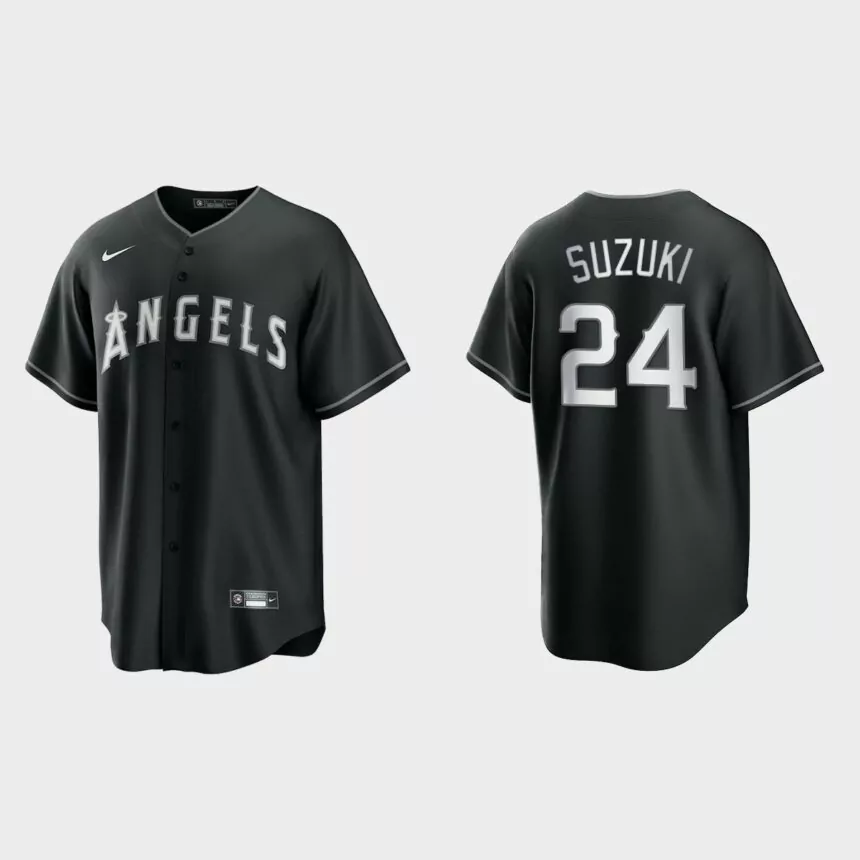 Men’s Los Angeles Angels Kurt Suzuki Black White 2021 All Black Fashion Replica Jersey