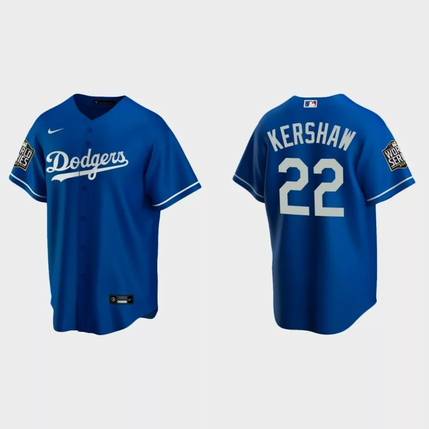 Men’s Los Angeles Dodgers #22 Clayton Kershaw Replica 2020 World Series Alternate Jersey – Royal