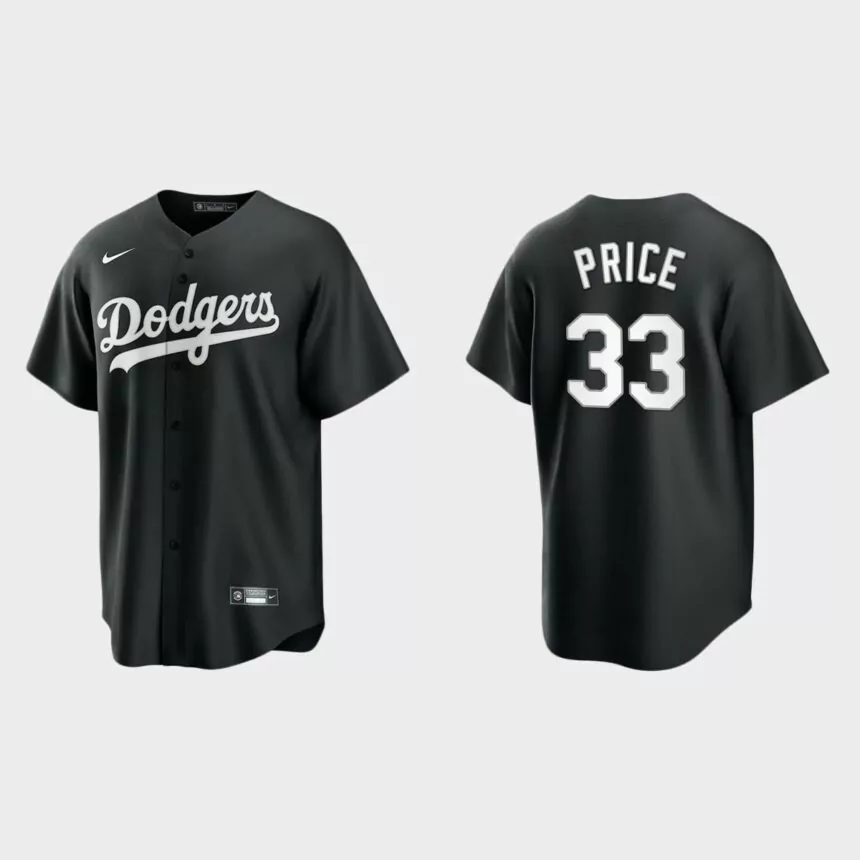 Men’s Los Angeles Dodgers David Price Black White 2021 All Black Fashion Replica Jersey