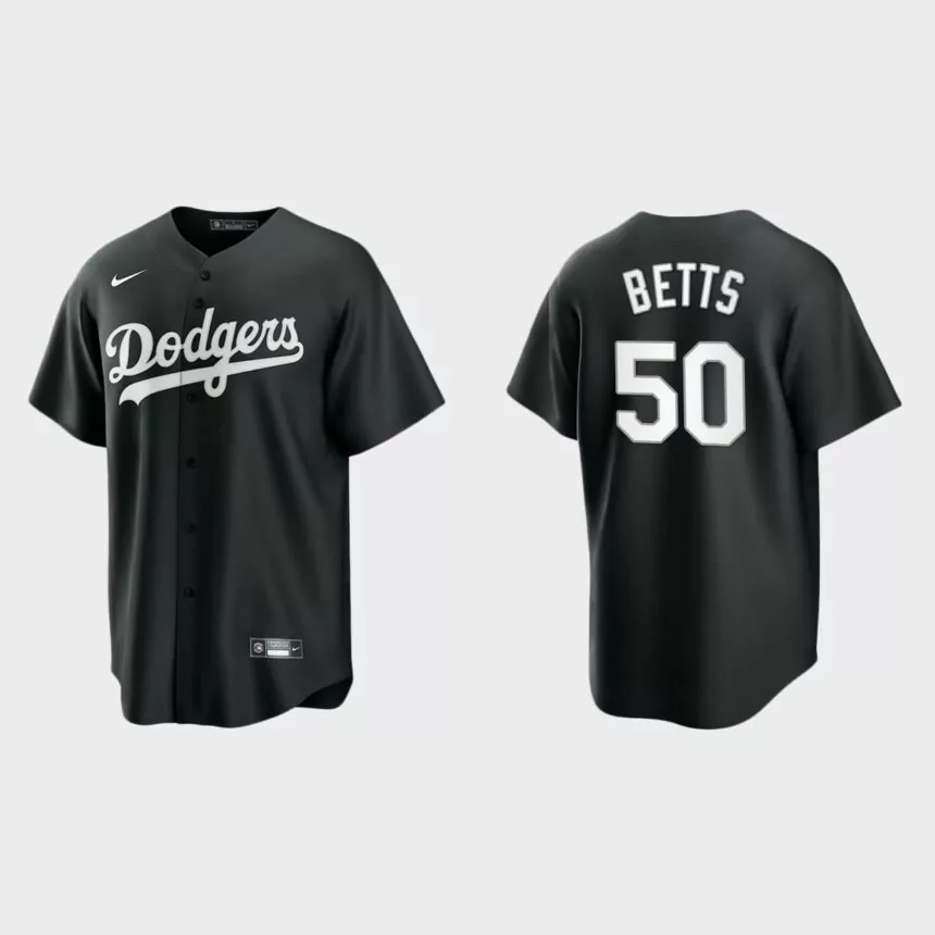 Men’s Los Angeles Dodgers Mookie Betts Black White 2021 All Black Fashion Replica Jersey