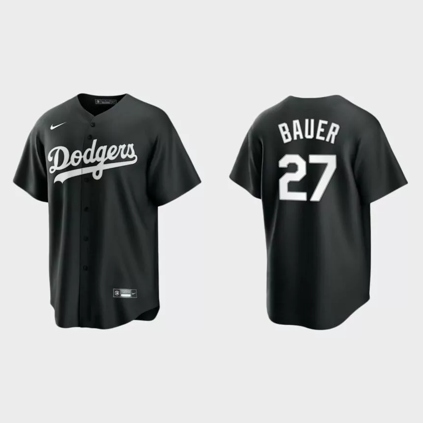 Men’s Los Angeles Dodgers Trevor Bauer Black White 2021 All Black Fashion Replica Jersey