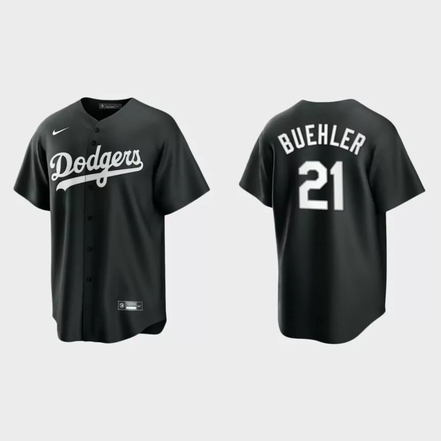 Men’s Los Angeles Dodgers Walker Buehler Black White 2021 All Black Fashion Replica Jersey