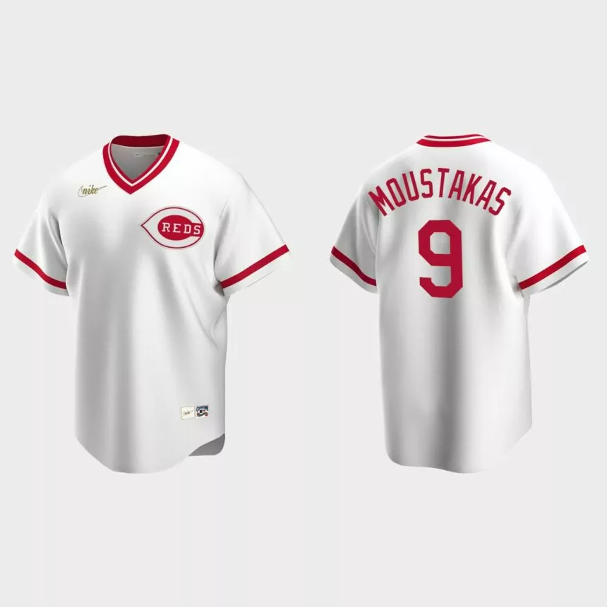 Men’s Mike Moustakas #9 Cincinnati Reds Cooperstown Collection Home Jersey – White