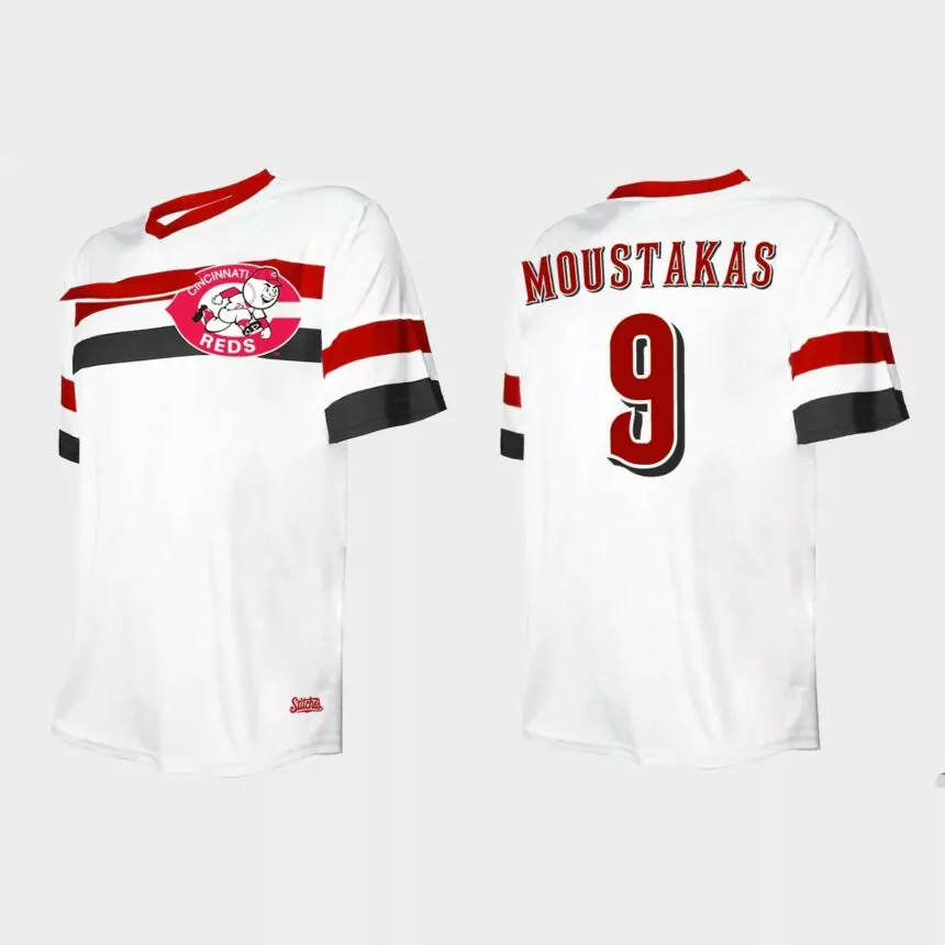 Men’s Mike Moustakas Cincinnati Reds Cooperstown Collection V-Neck Jersey – White