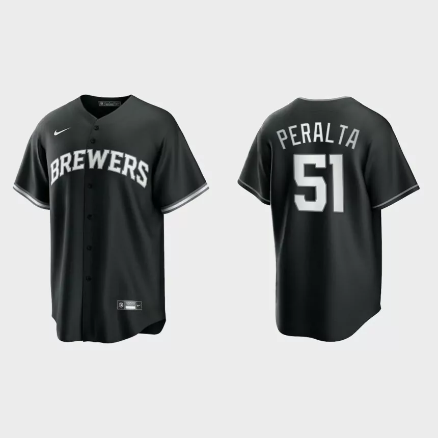 Men’s Milwaukee Brewers Freddy Peralta Black White 2021 All Black Fashion Replica Jersey