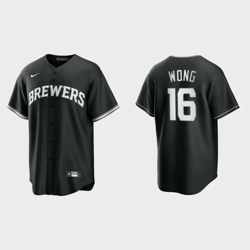 Men’s Milwaukee Brewers Kolten Wong Black White 2021 All Black Fashion Replica Jersey