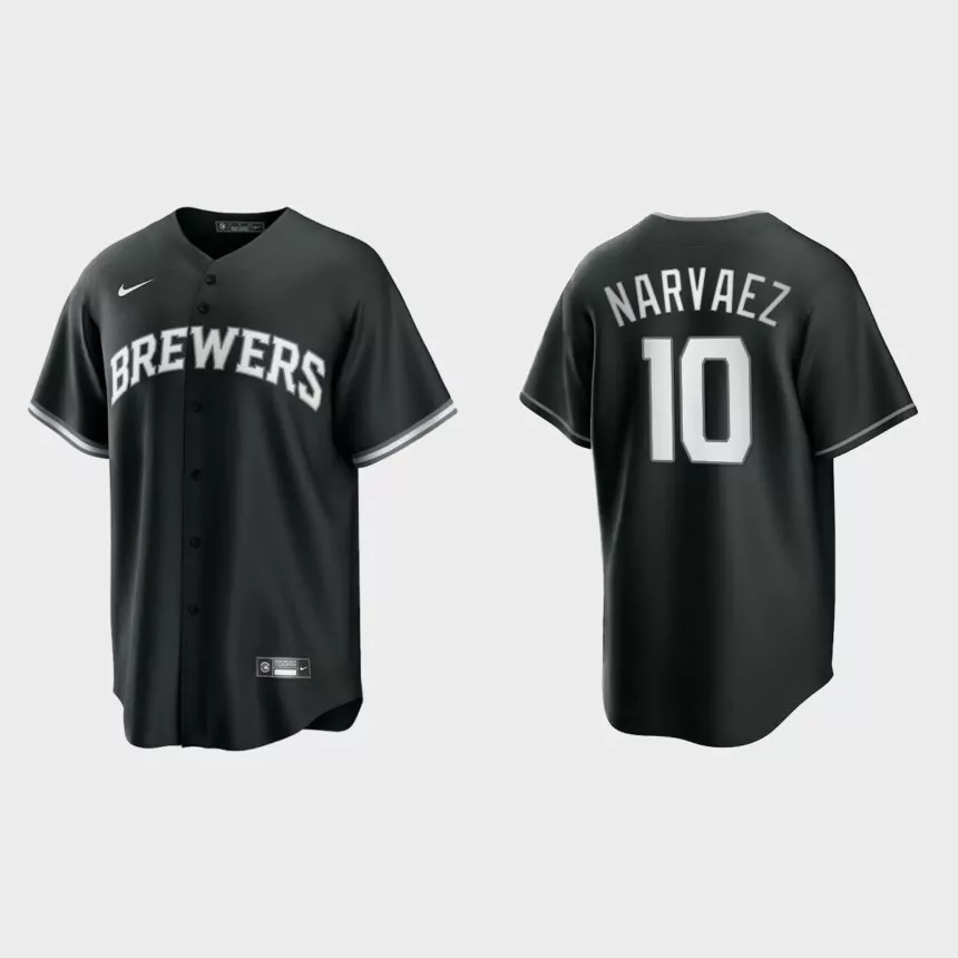 Men’s Milwaukee Brewers Omar Narvaez Black White 2021 All Black Fashion Replica Jersey