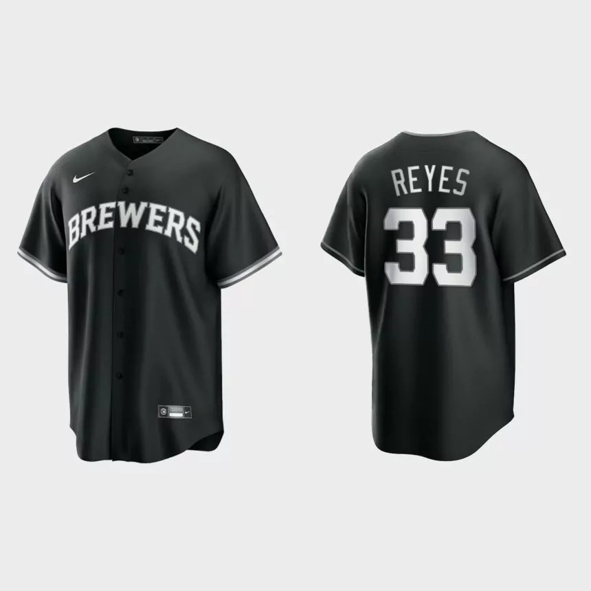 Men’s Milwaukee Brewers Pablo Reyes Black White 2021 All Black Fashion Replica Jersey