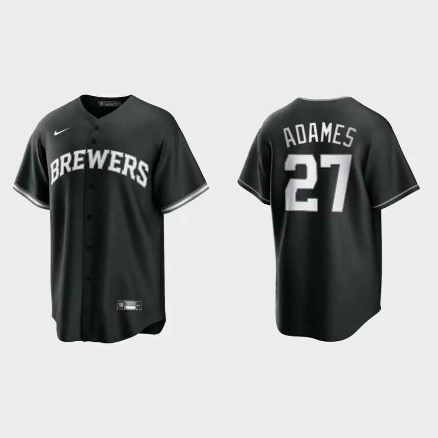 Men’s Milwaukee Brewers Willy Adames Black White 2021 All Black Fashion Replica Jersey
