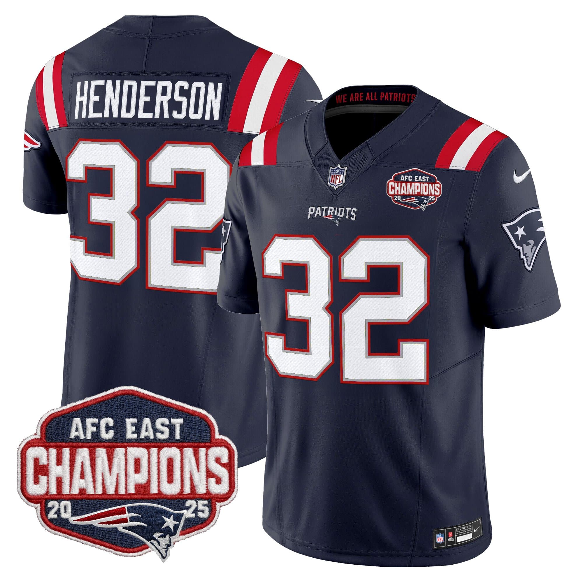 Men’s New England Patriots 2025 AFC East Division Champions Vapor Limited Jersey – All Stitched 32TreVeyon Henderson