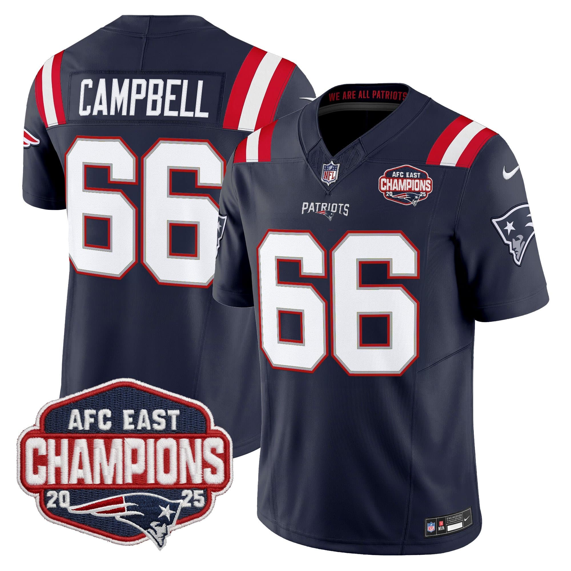 Men’s New England Patriots 2025 AFC East Division Champions Vapor Limited Jersey – All Stitched 66Will Campbell