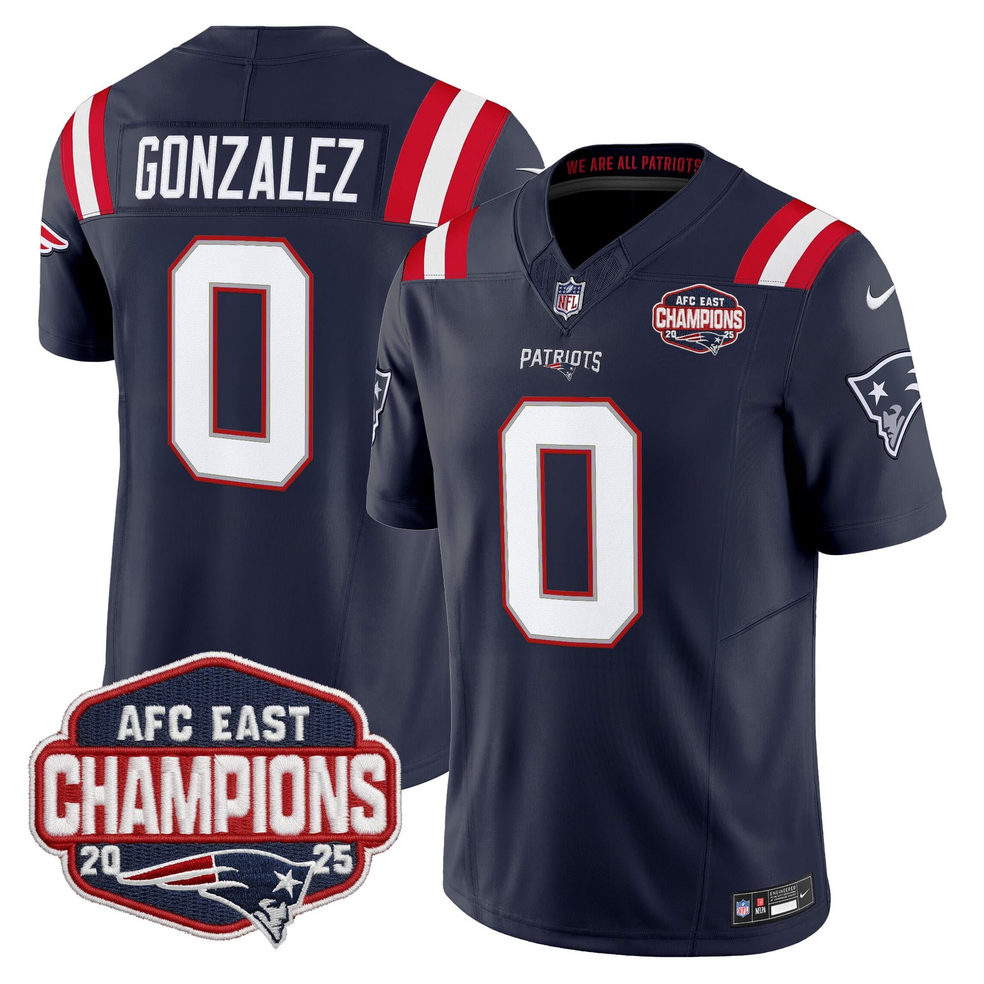 Men’s New England Patriots 2025 AFC East Division Champions Vapor Limited Jersey – All Stitched Christian  Gonzalez   0