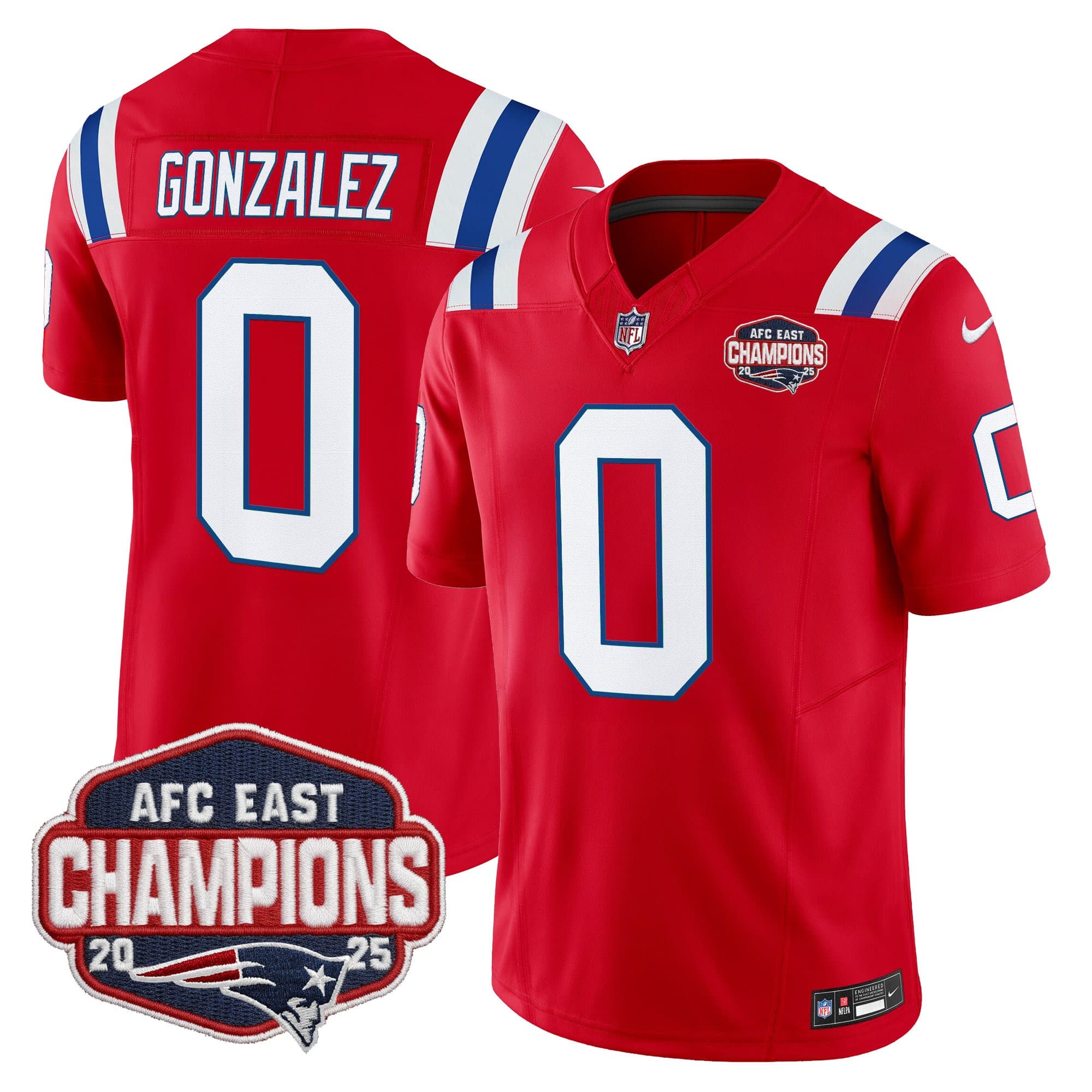 Men’s New England Patriots 2025 AFC East Division Champions Vapor Limited Jersey – All Stitched Christian Gonzalez 0