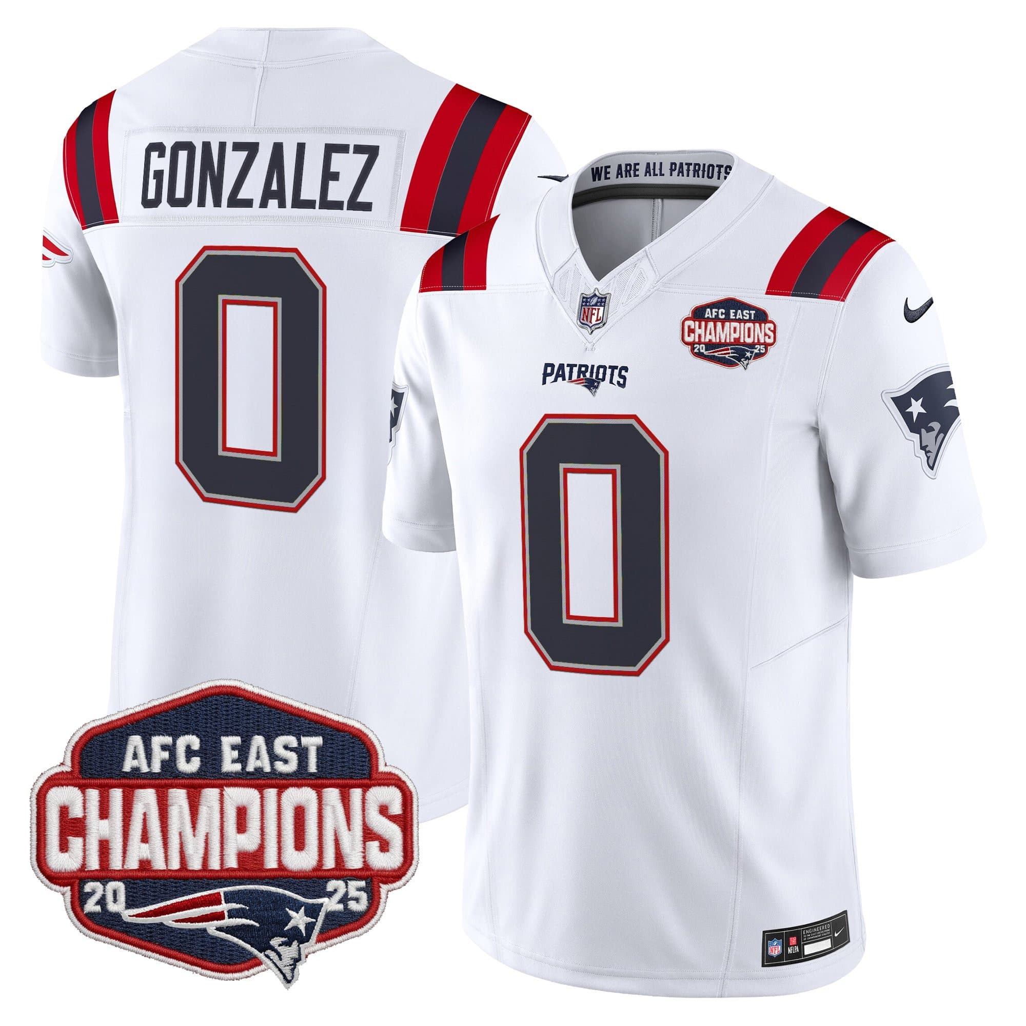 Men’s New England Patriots 2025 AFC East Division Champions Vapor Limited Jersey – All Stitched Christian Gonzalez