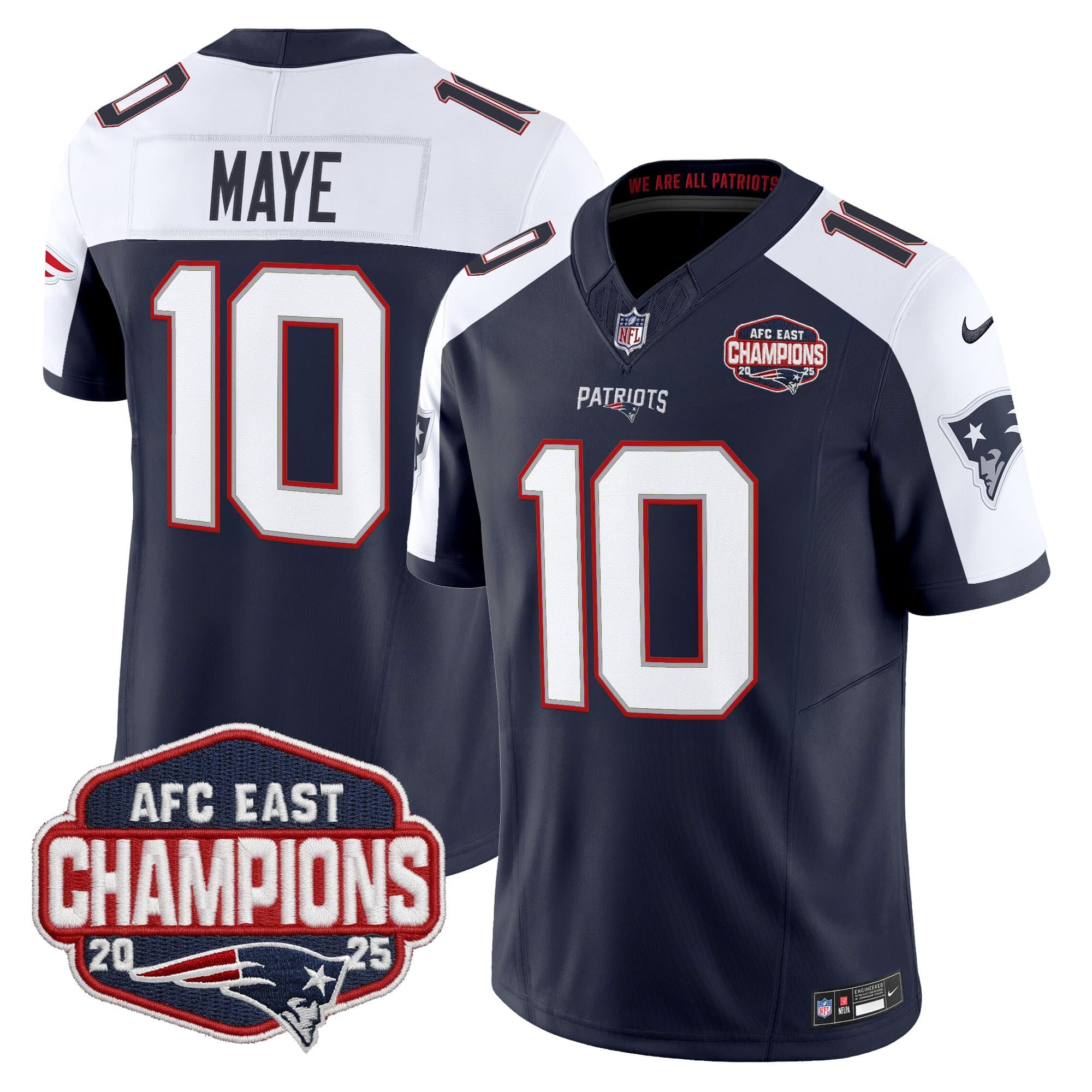 Men’s New England Patriots 2025 AFC East Division Champions Vapor Limited Jersey – All Stitched Drake Maye     10