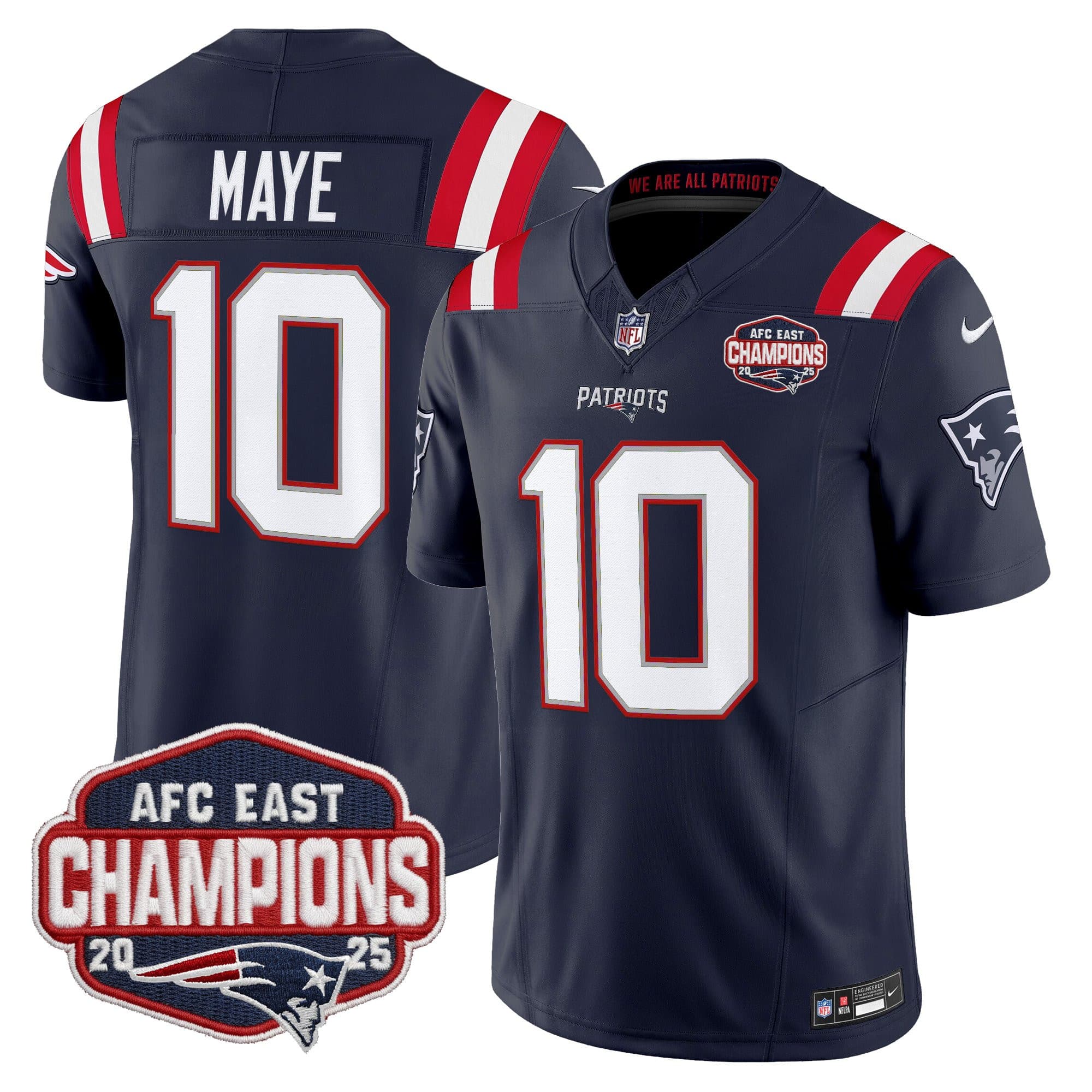Men’s New England Patriots 2025 AFC East Division Champions Vapor Limited Jersey – All Stitched Drake Maye  10