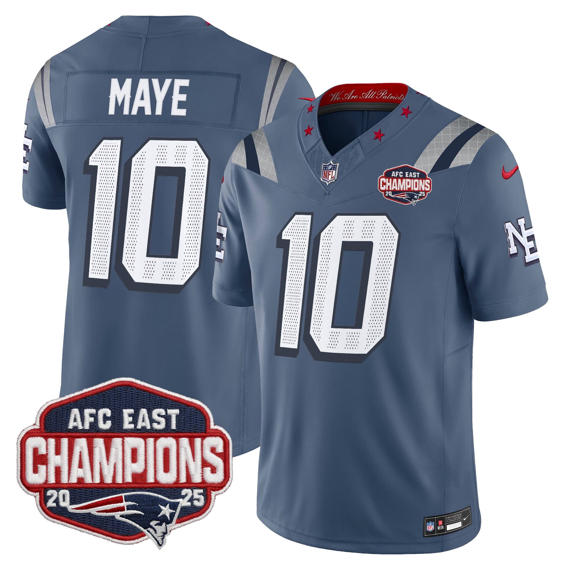 Men’s New England Patriots 2025 AFC East Division Champions Vapor Limited Jersey – All Stitched Drake Maye 10