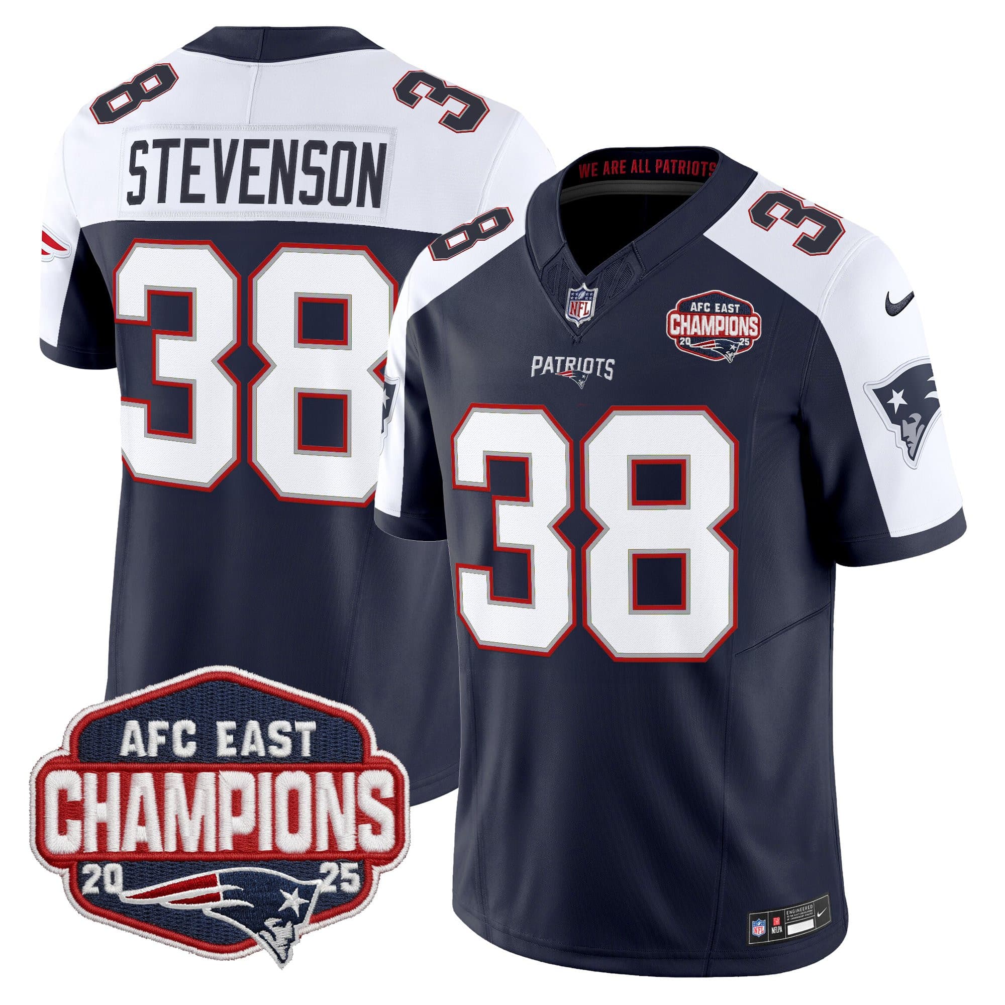 Men’s New England Patriots 2025 AFC East Division Champions Vapor Limited Jersey – All Stitched Rhamondre Stevenson    38