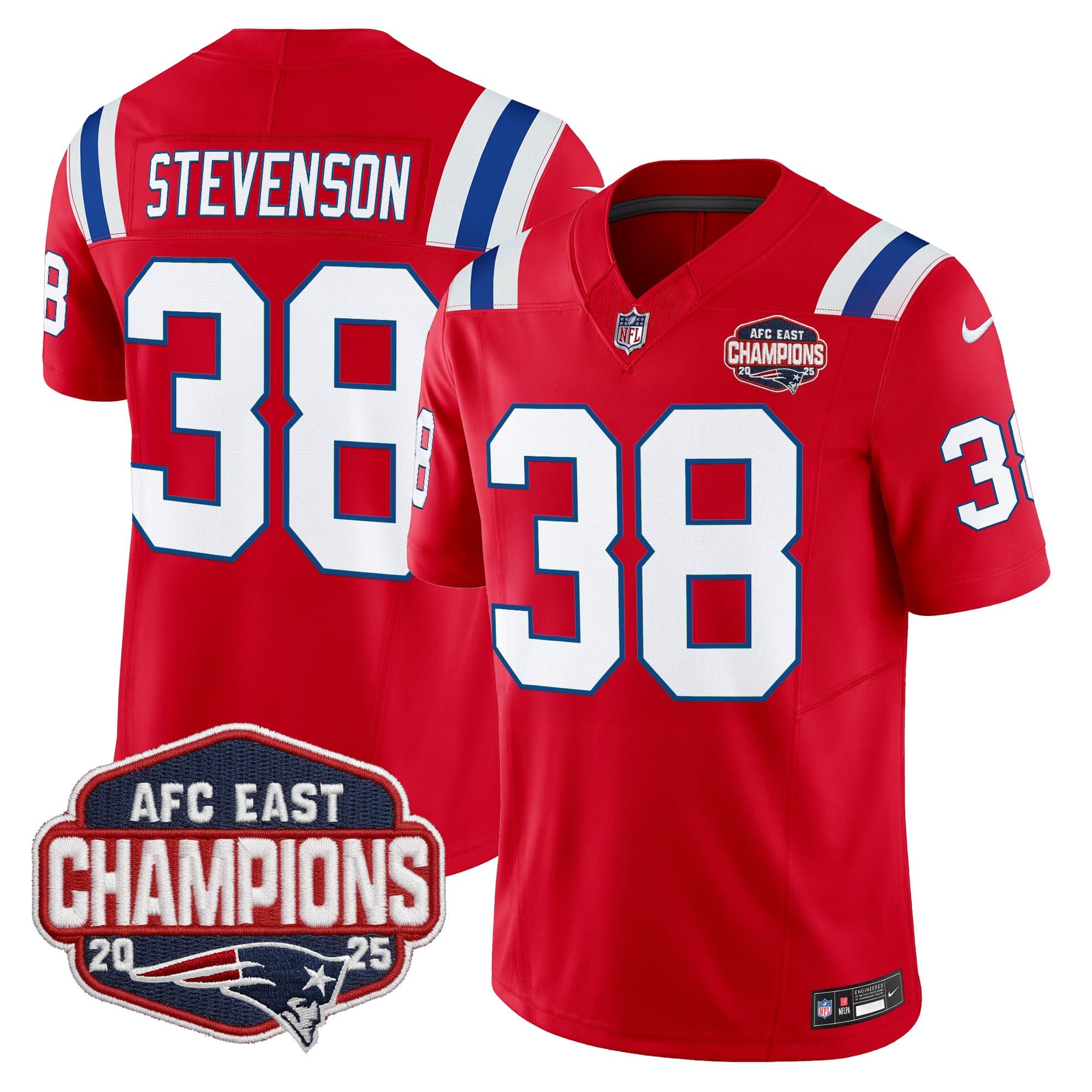 Men’s New England Patriots 2025 AFC East Division Champions Vapor Limited Jersey – All Stitched Rhamondre Stevenson  38