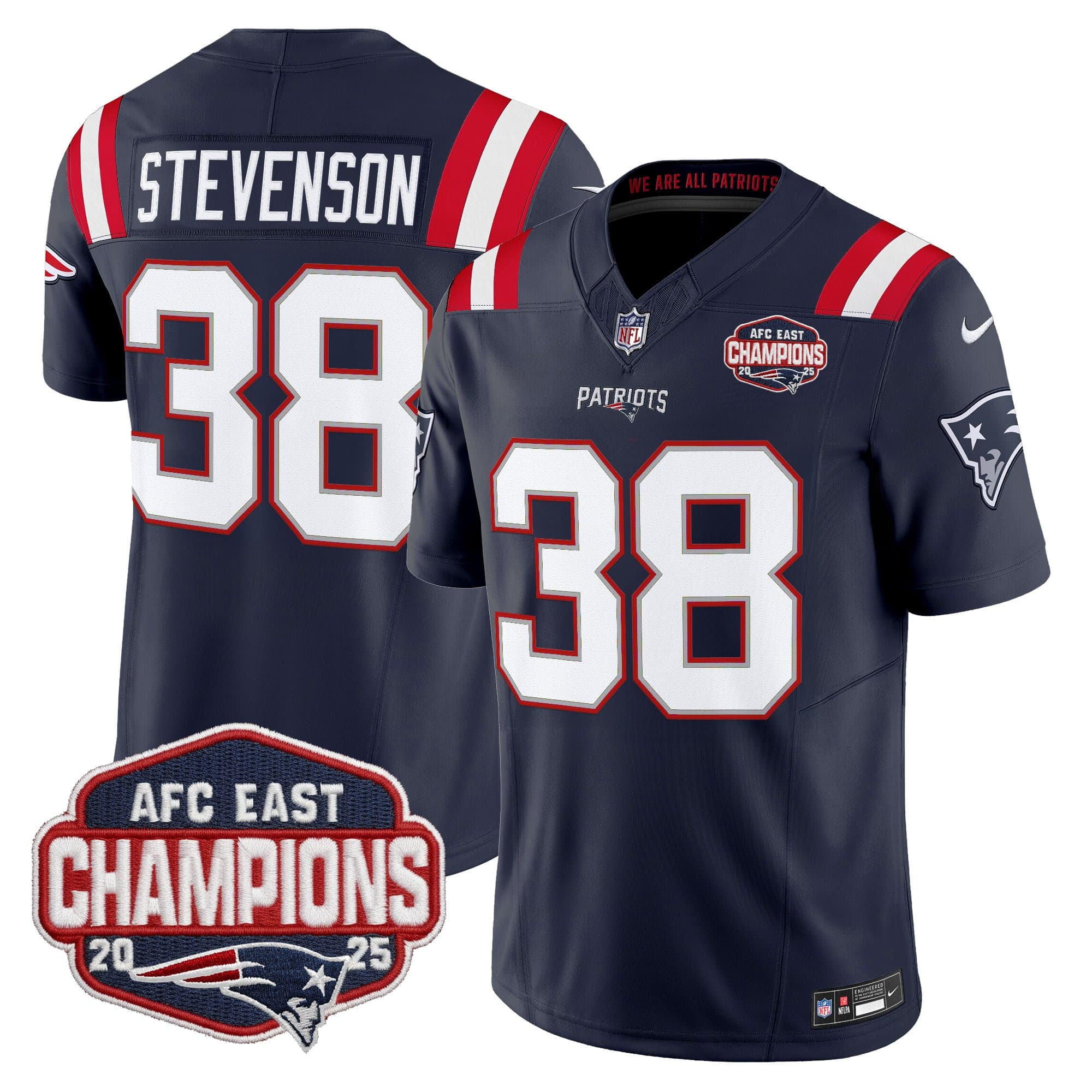Men’s New England Patriots 2025 AFC East Division Champions Vapor Limited Jersey – All Stitched Rhamondre Stevenson38