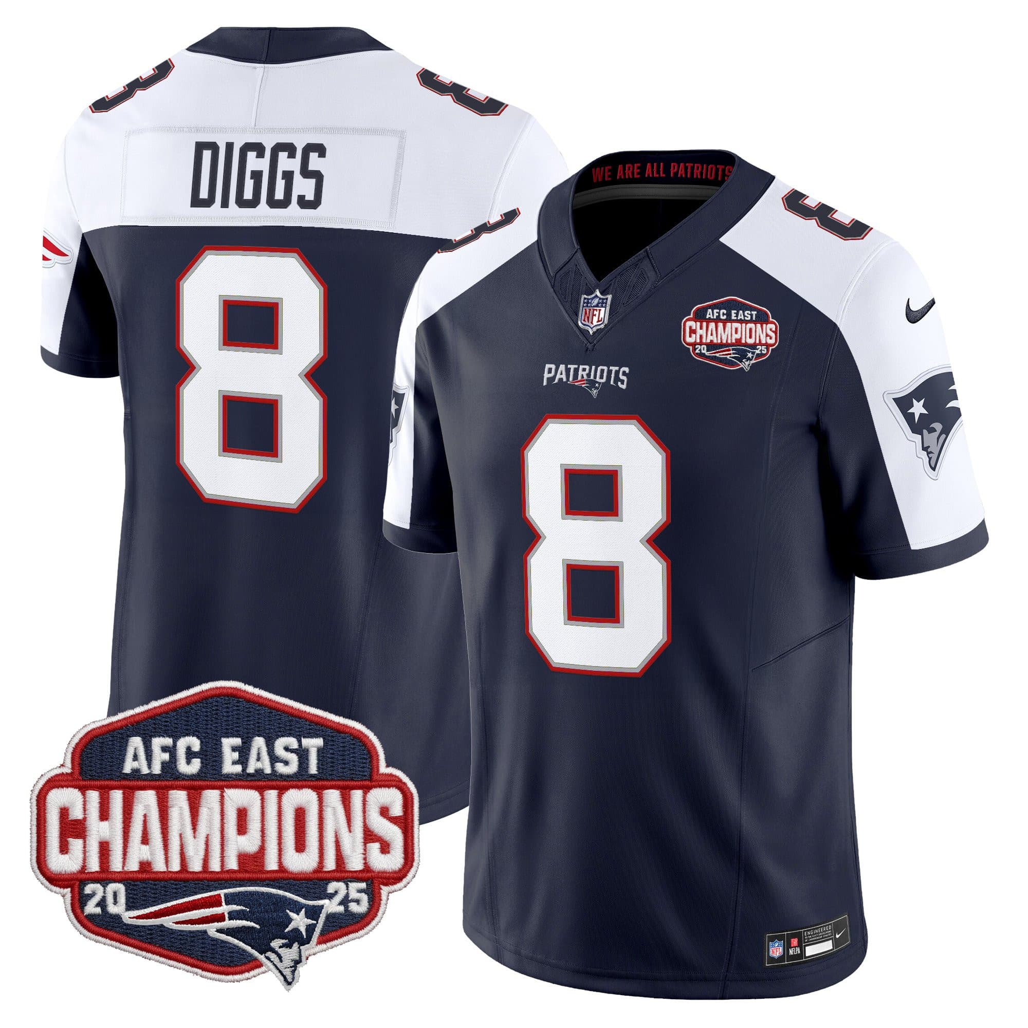 Men’s New England Patriots 2025 AFC East Division Champions Vapor Limited Jersey – All Stitched Stefon Diggs     8