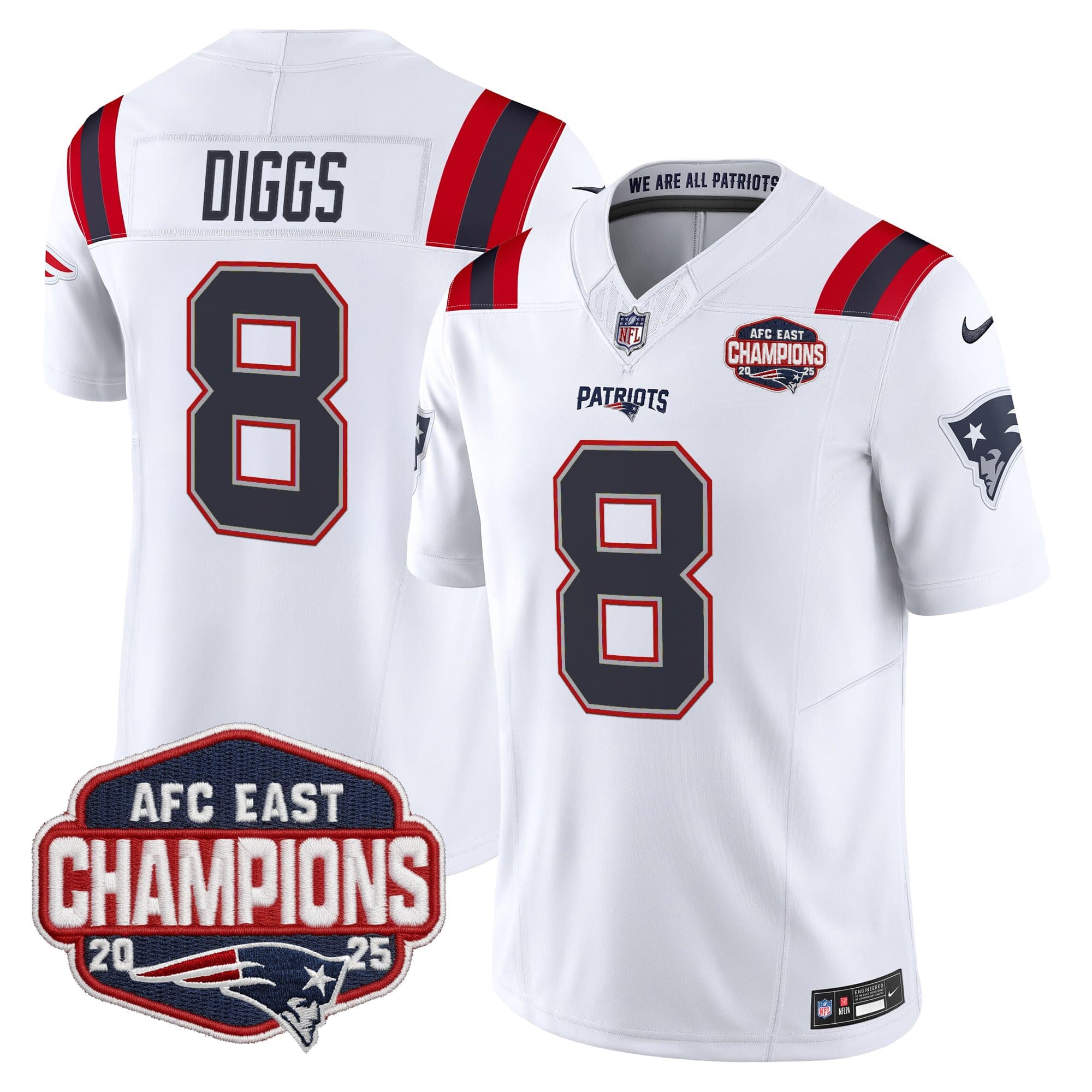 Men’s New England Patriots 2025 AFC East Division Champions Vapor Limited Jersey – All Stitched Stefon Diggs
