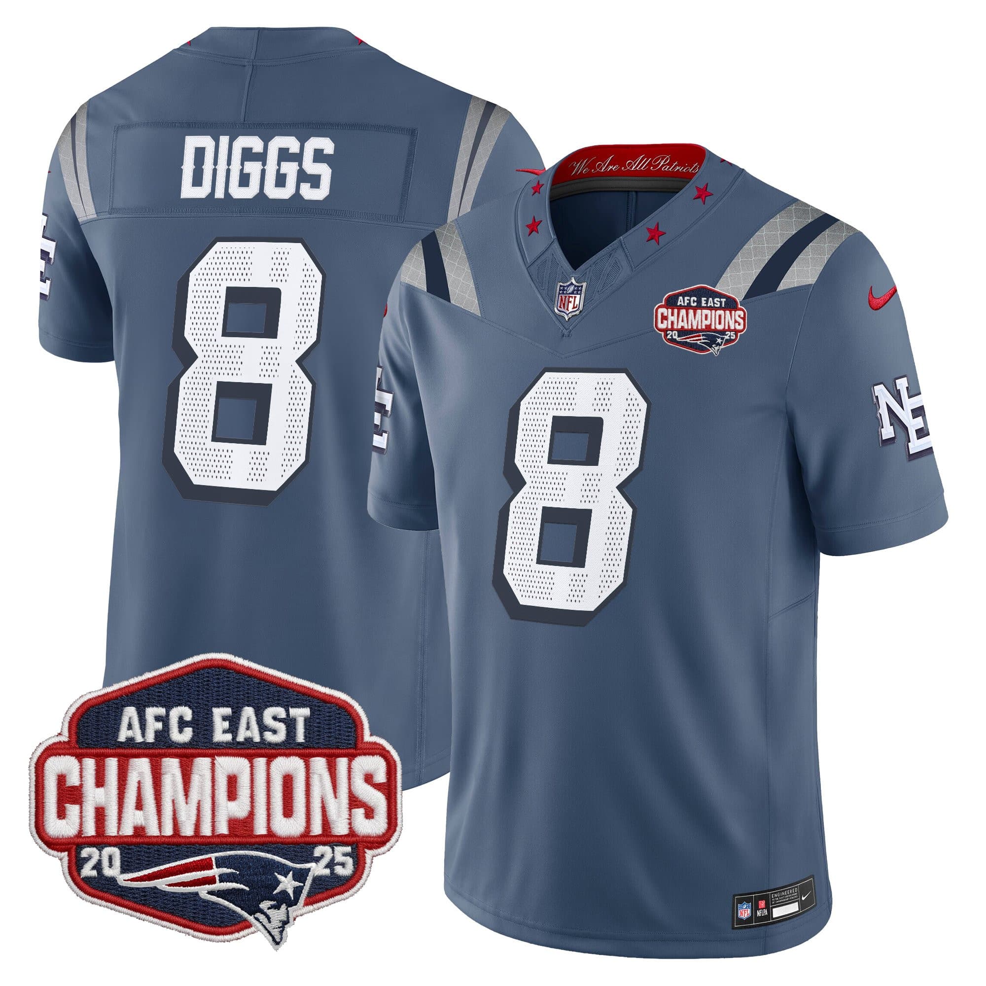 Men’s New England Patriots 2025 AFC East Division Champions Vapor Limited Jersey – All Stitched Stefon Diggs 8