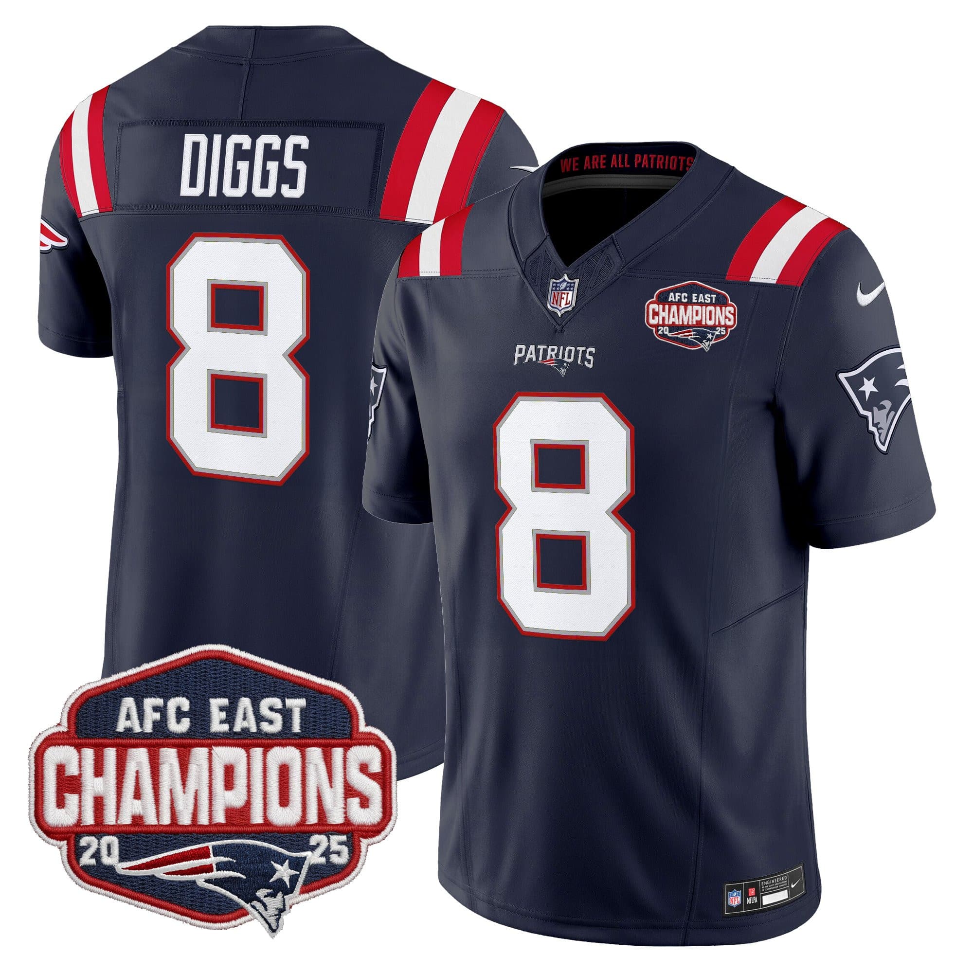 Men’s New England Patriots 2025 AFC East Division Champions Vapor Limited Jersey – All Stitched Stefon Diggs8