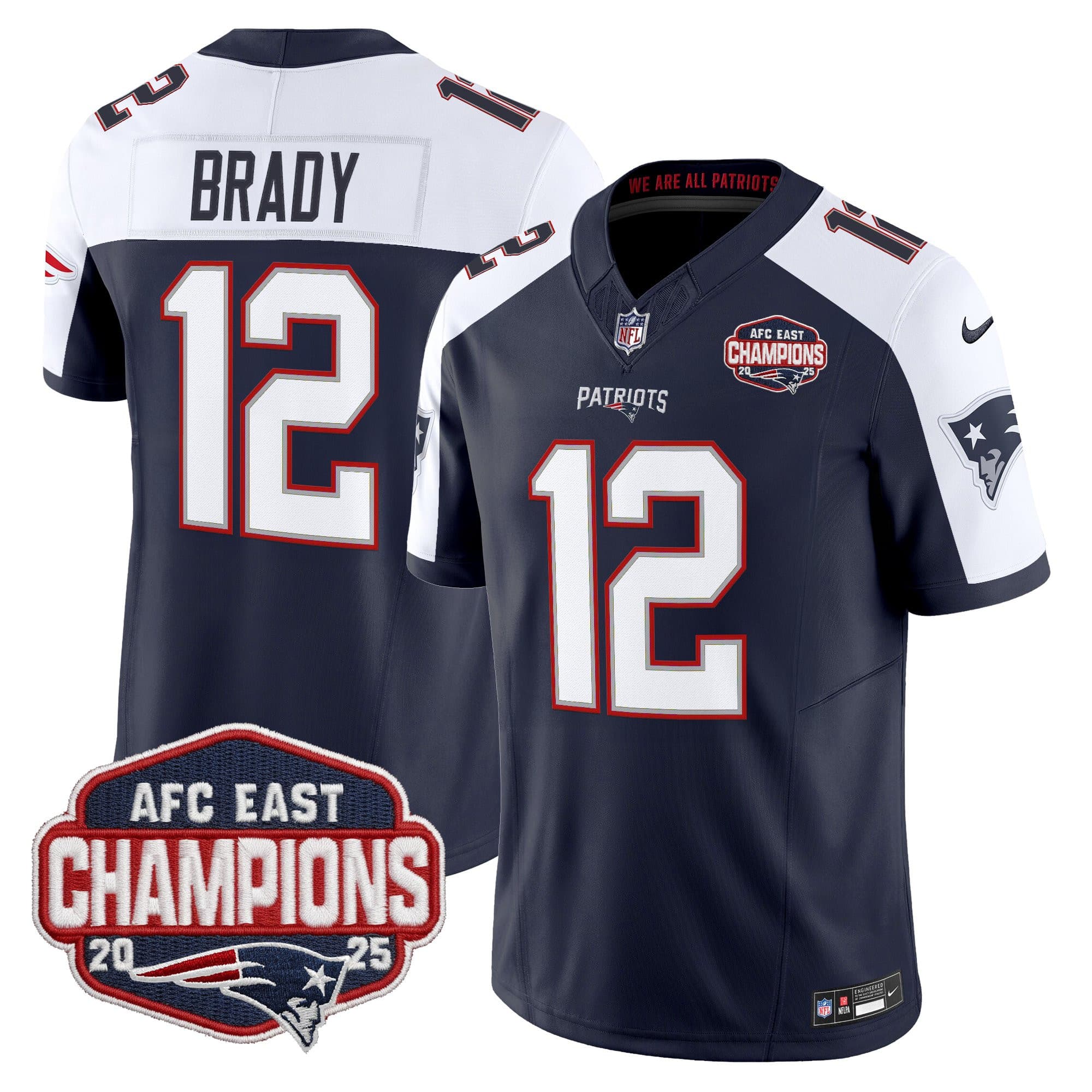 Men’s New England Patriots 2025 AFC East Division Champions Vapor Limited Jersey – All Stitched Tom Brady   12