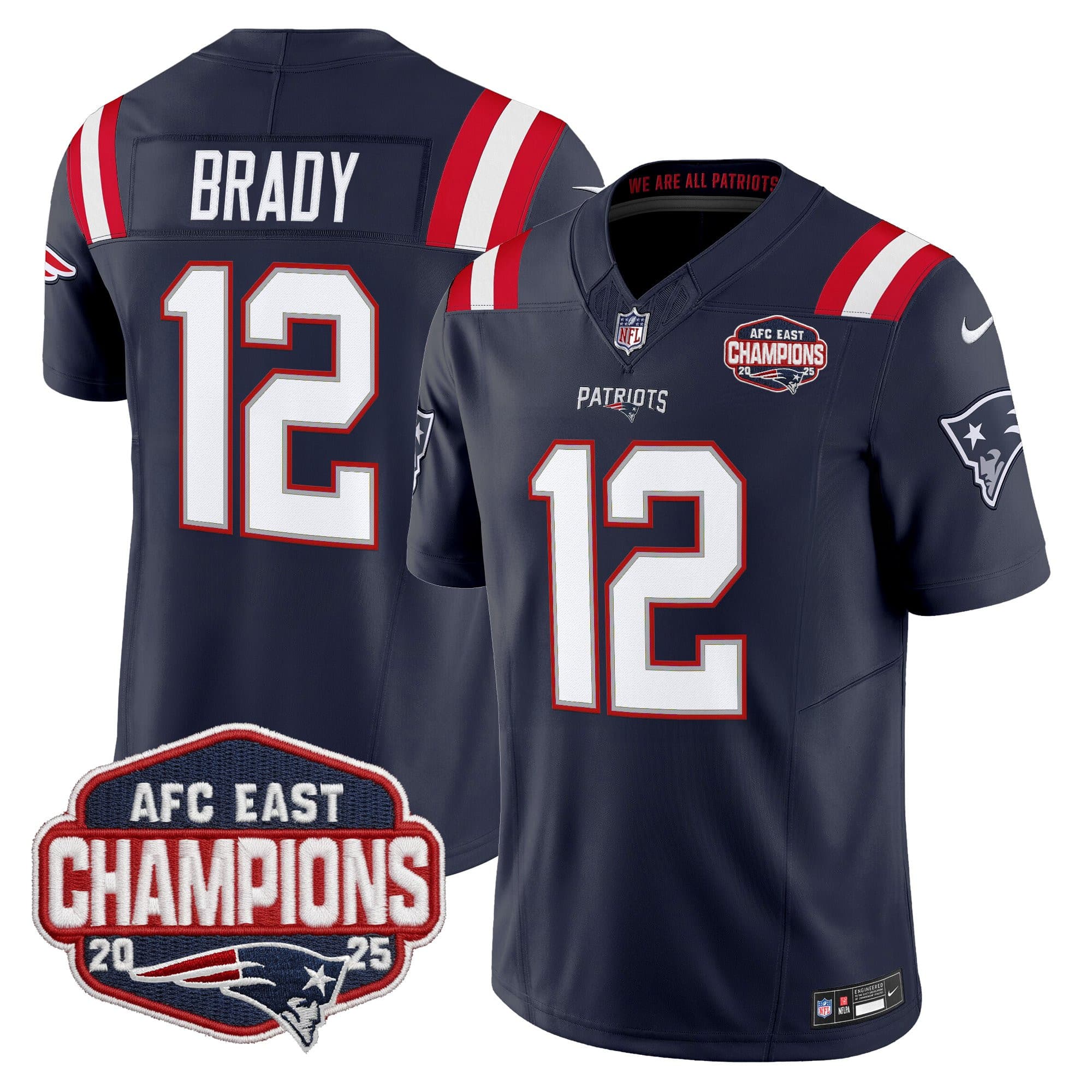 Men’s New England Patriots 2025 AFC East Division Champions Vapor Limited Jersey – All Stitched Tom Brady12