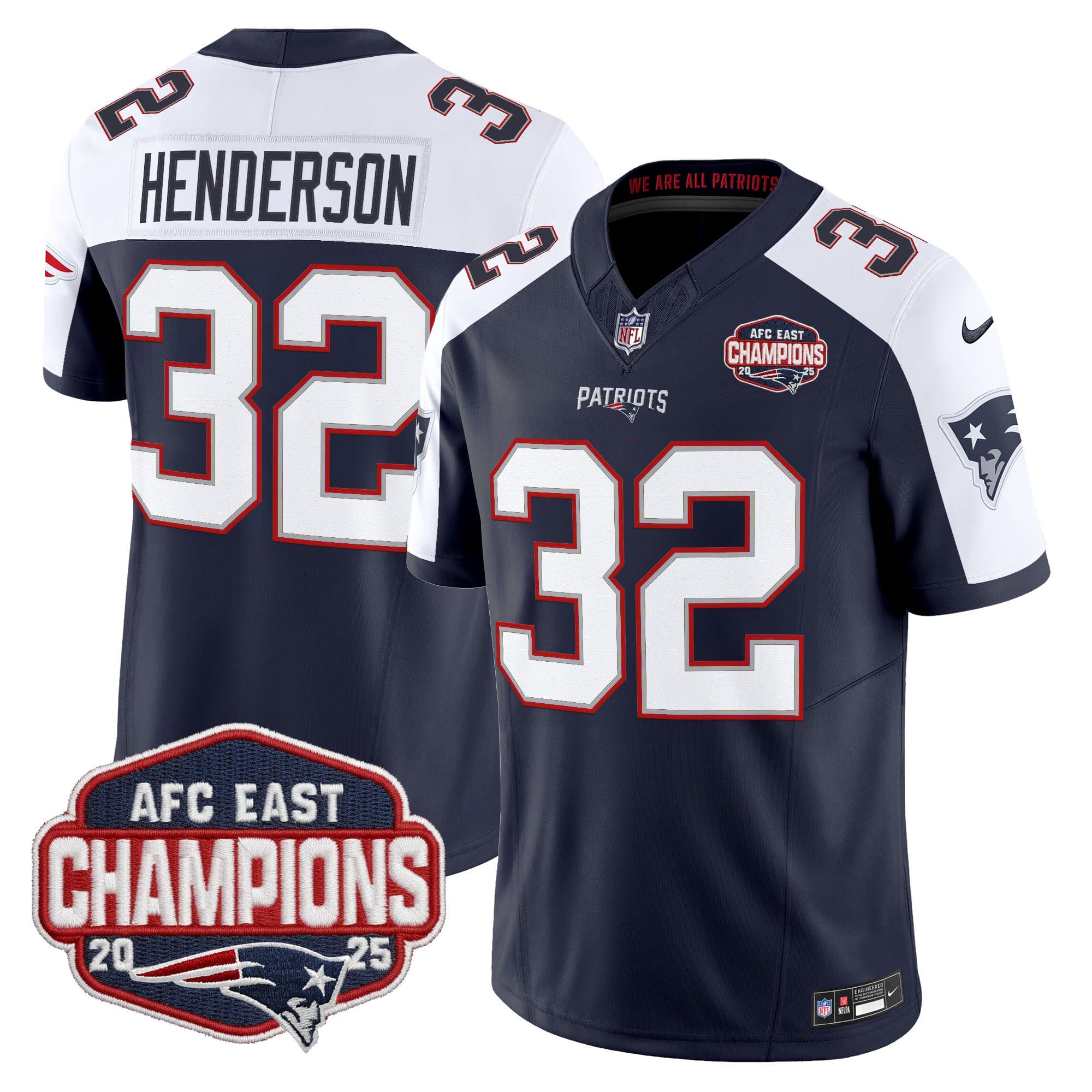 Men’s New England Patriots 2025 AFC East Division Champions Vapor Limited Jersey – All Stitched TreVeyon Henderson     32