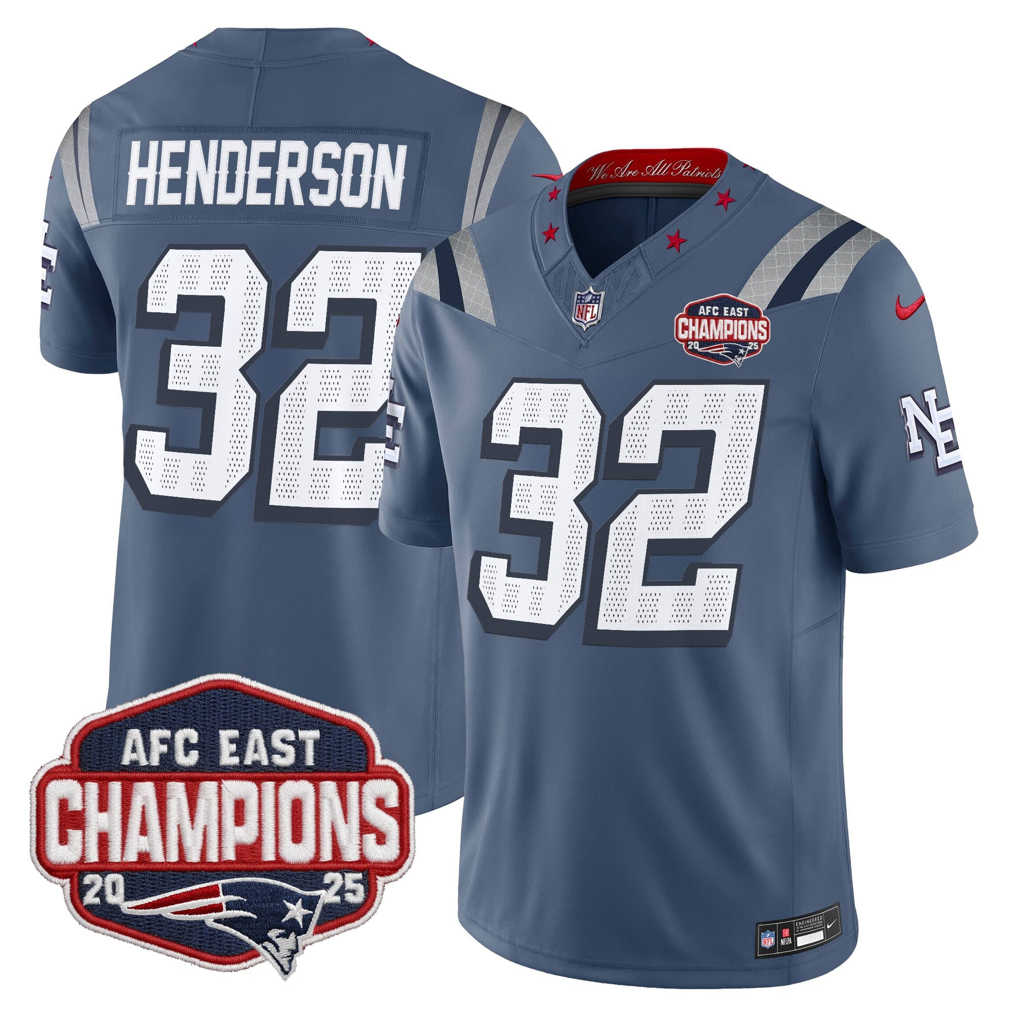 Men’s New England Patriots 2025 AFC East Division Champions Vapor Limited Jersey – All Stitched TreVeyon Henderson 32