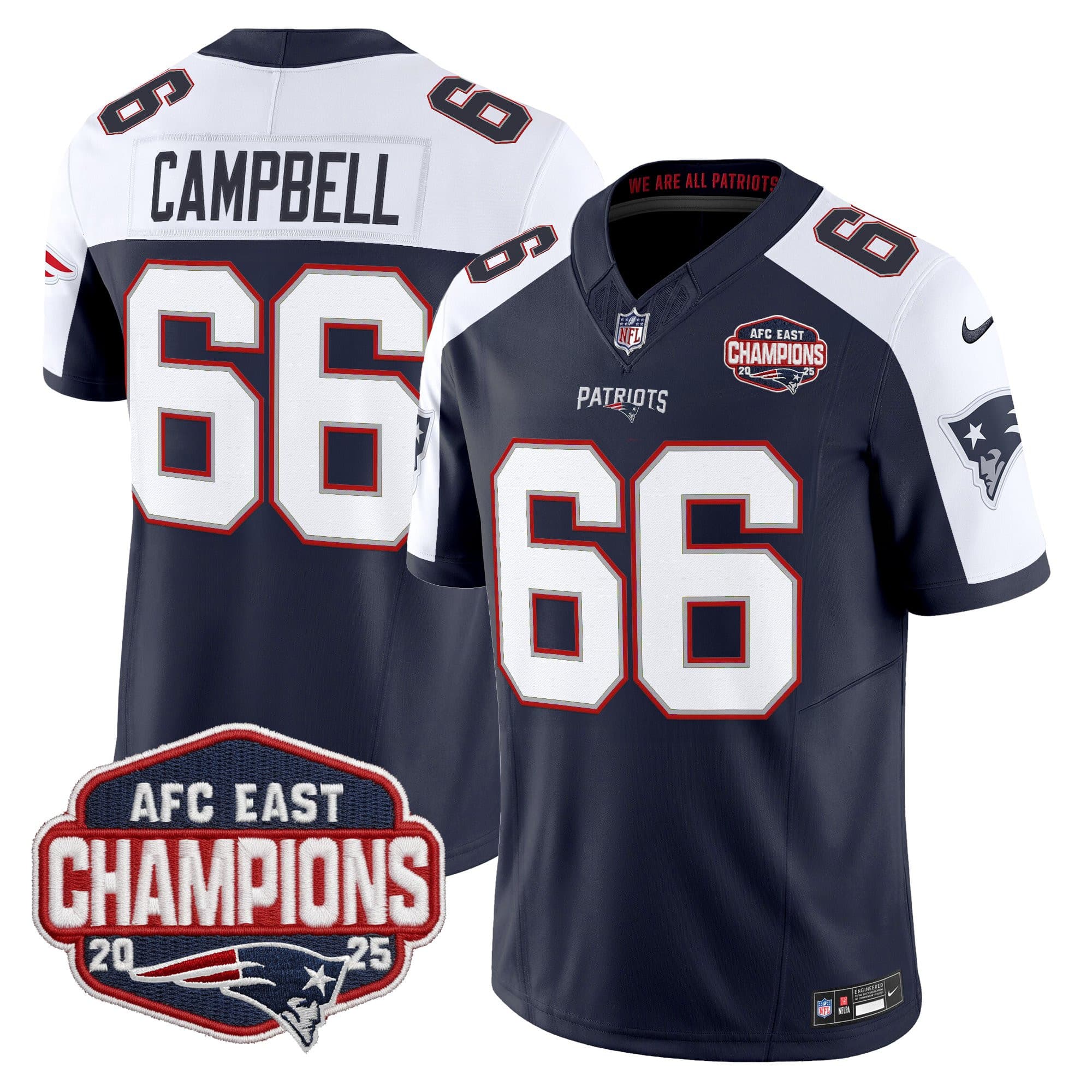 Men’s New England Patriots 2025 AFC East Division Champions Vapor Limited Jersey – All Stitched Will Campbell     66