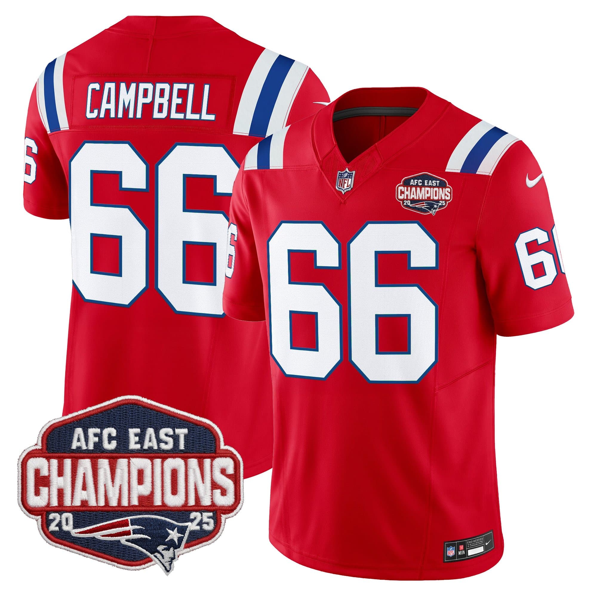Men’s New England Patriots 2025 AFC East Division Champions Vapor Limited Jersey – All Stitched Will Campbell    66
