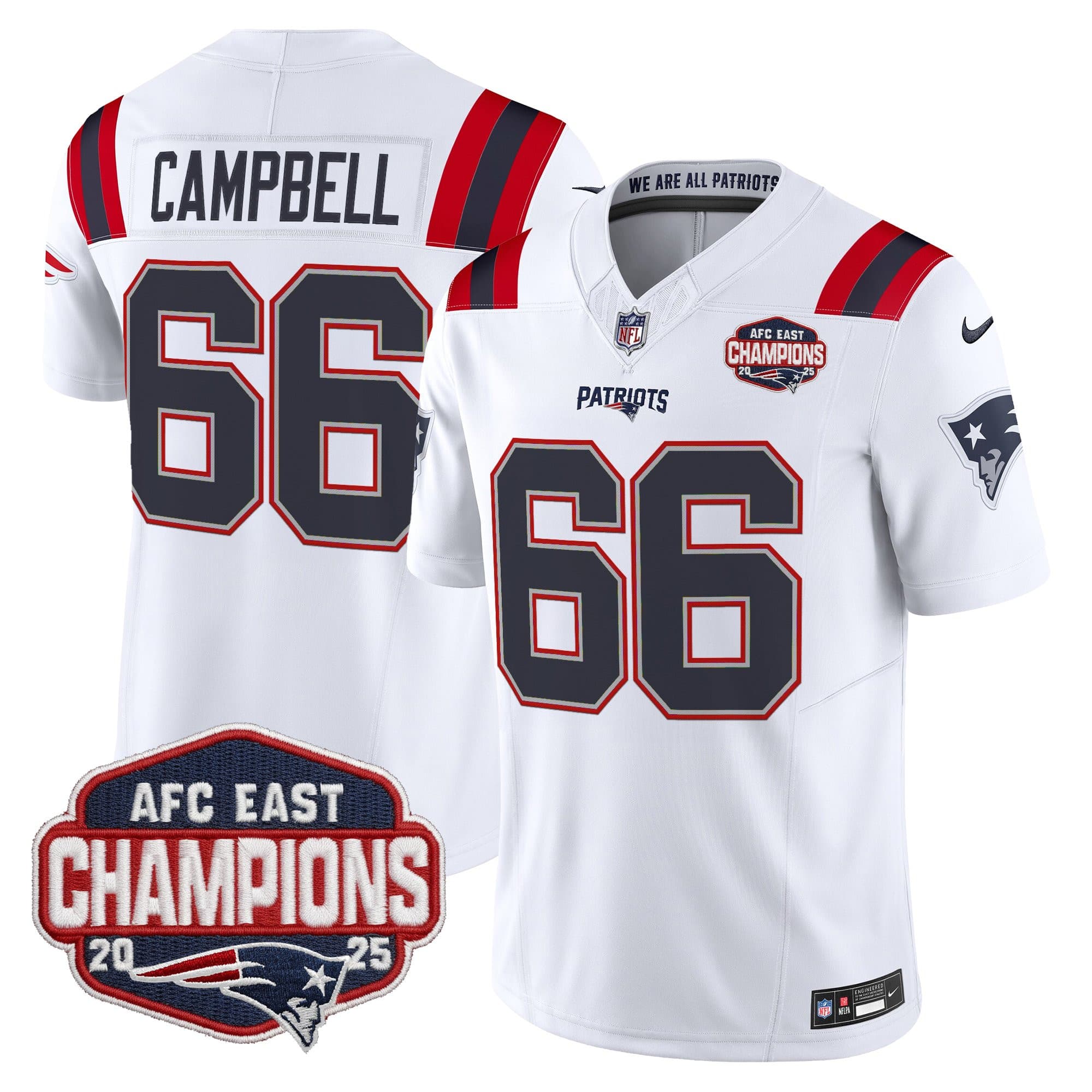 Men’s New England Patriots 2025 AFC East Division Champions Vapor Limited Jersey – All Stitched Will Campbell