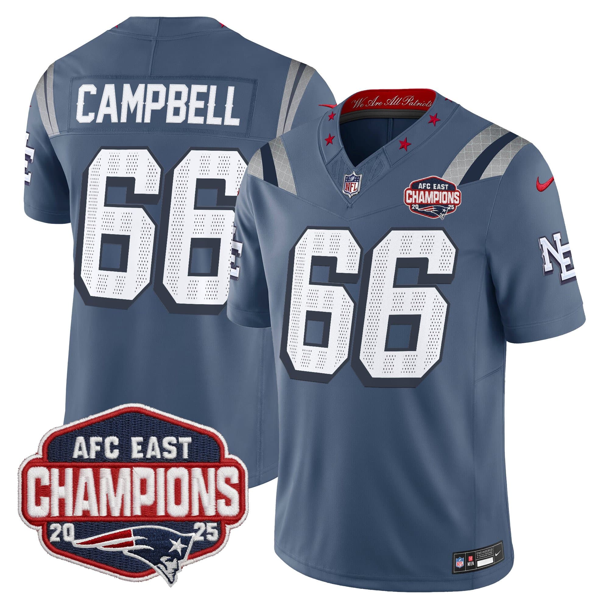 Men’s New England Patriots 2025 AFC East Division Champions Vapor Limited Jersey – All Stitched Will Campbell 66
