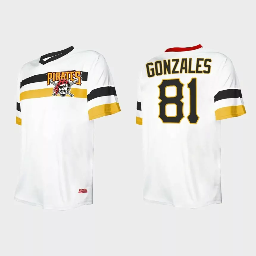 Men’s Nick Gonzales Pittsburgh Pirates Cooperstown Collection V-Neck Jersey – White