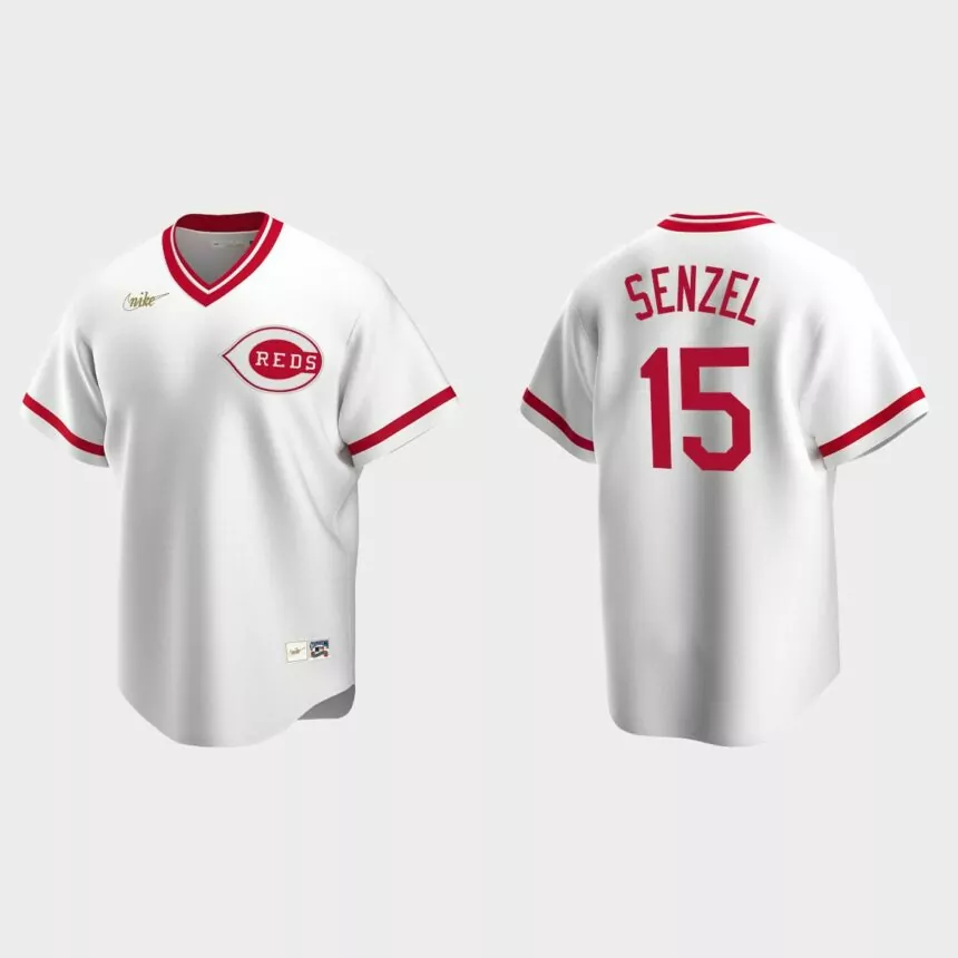 Men’s Nick Senzel #15 Cincinnati Reds Cooperstown Collection Home Jersey – White
