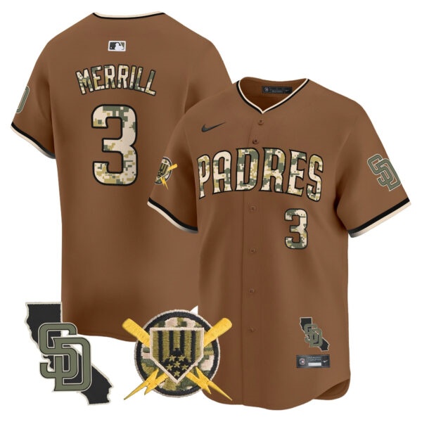 Men’s Padres Armed Forces Day Vapor Premier Limited Jersey – All Stitched Jackson Merrill    3