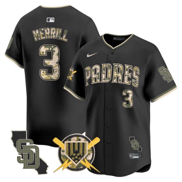 Men’s Padres Armed Forces Day Vapor Premier Limited Jersey – All Stitched Jackson Merrill   3