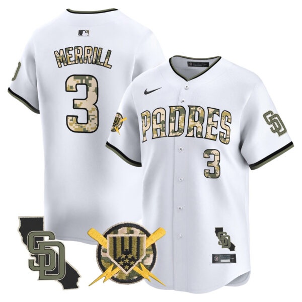 Men’s Padres Armed Forces Day Vapor Premier Limited Jersey – All Stitched Jackson Merrill # 3