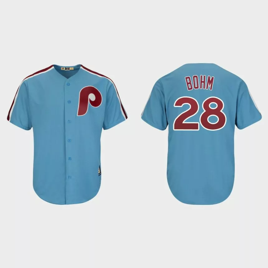 Men’s Philadelphia Phillies Alec Bohm Light Blue Cooperstown Player Cool Base Jersey
