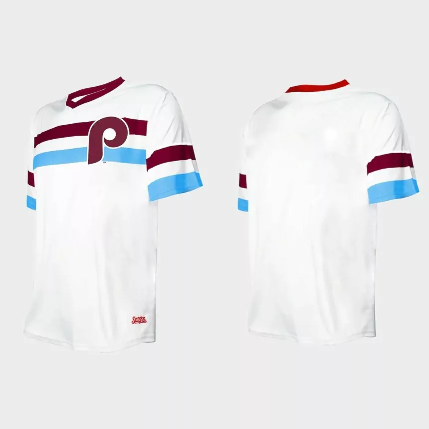 Men’s Philadelphia Phillies Cooperstown Collection V-Neck Jersey – White