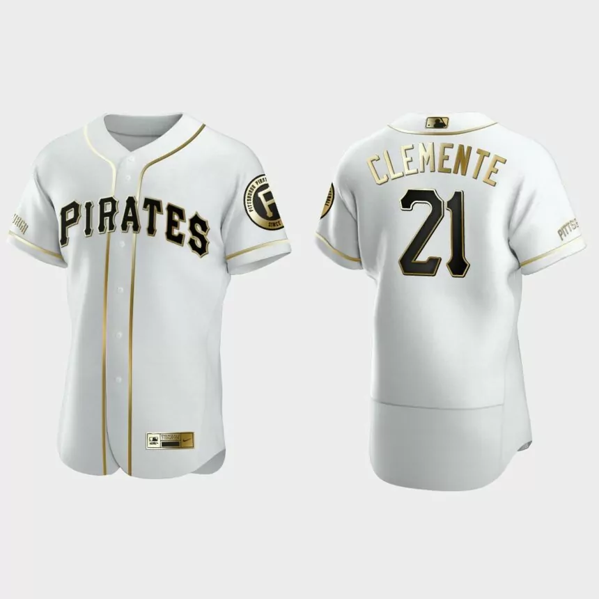 Men’s Pittsburgh Pirates Roberto Clemente Authentic Golden Edition Jersey – White