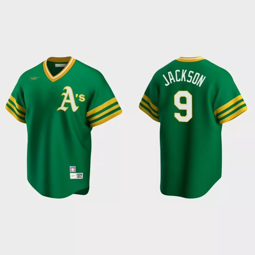 Men’s Reggie Jackson #9 Oakland Athletics Cooperstown Collection Road Jersey – Kelly Green